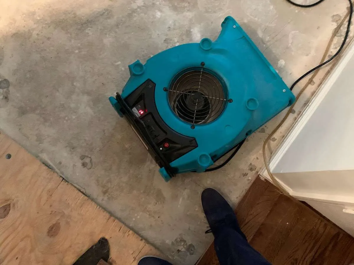Air mover drying subfloor during Commercial Water Damage Restoration in Penfield
